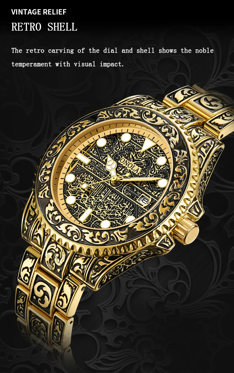 ONOLA 3830 44mm Automatic Mens Quartz Watches Gold Watch for Men Waterproof Luxury Arabic Wrist Watches