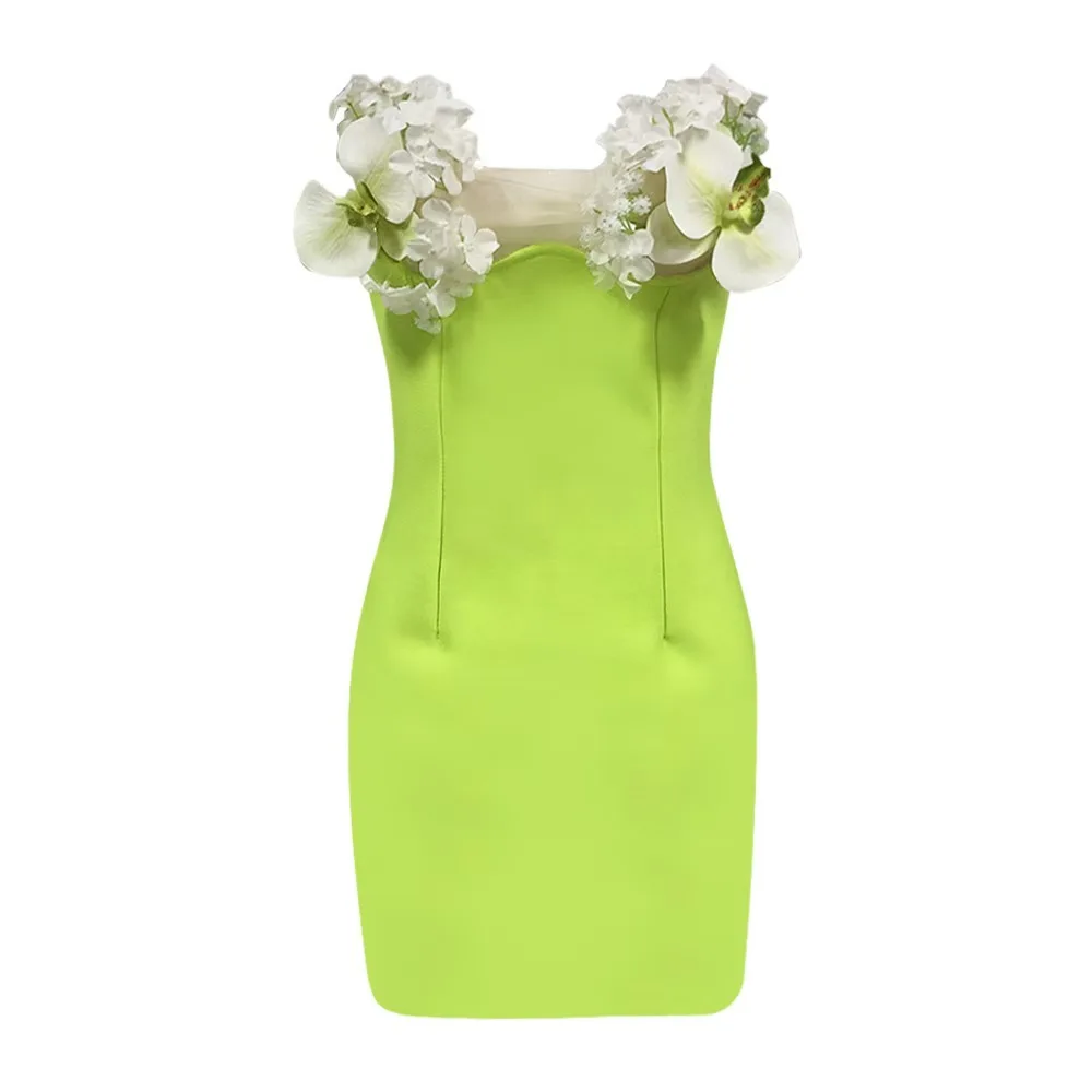 SB3022 New Arrivals Summer Green Mini Dresses Off Shoulder Sexy Bandage  Dress Beautiful Bodycon Dress With Flowers