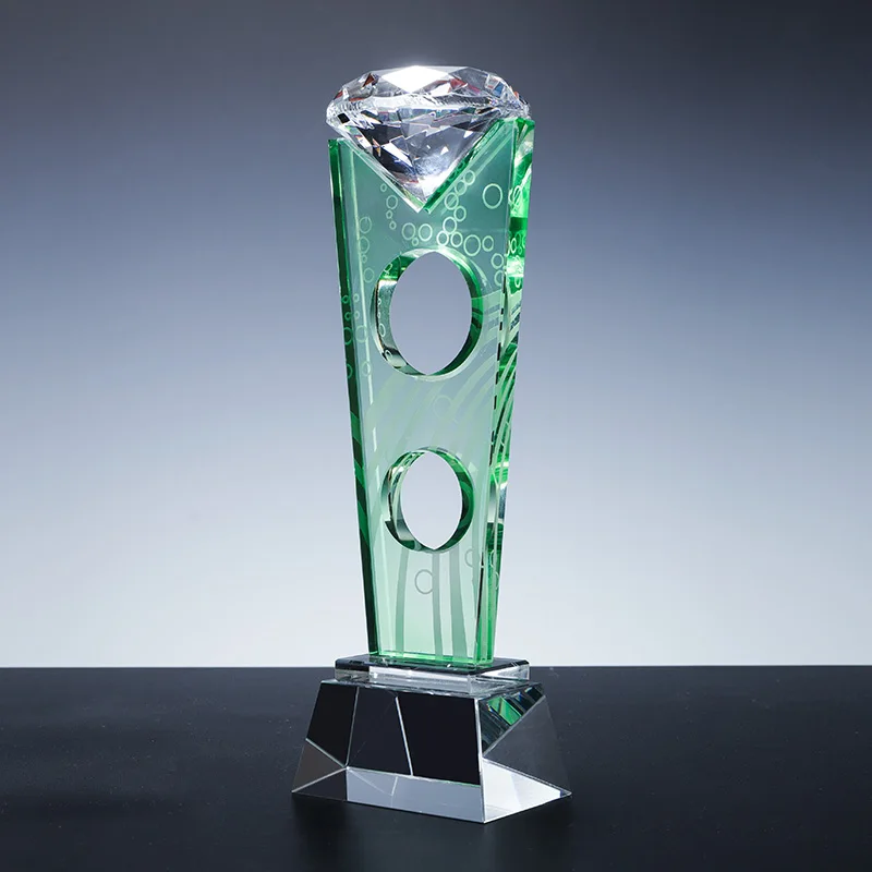 Factory direct custom green k9 Crystal Diamond trophy can be carved and sandblasted inside factory