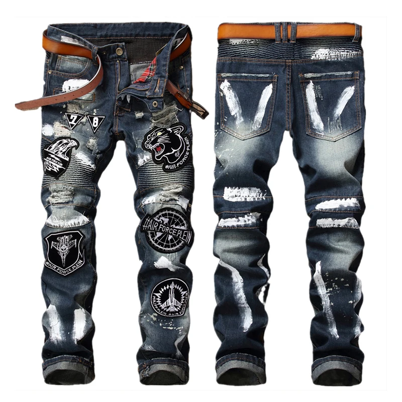 American Streetstyle Embroidered Ripped Jeans Men's Badge Hand-painted ...