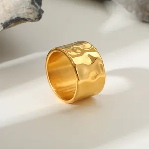 Trendy Smooth Irregular Hammer Chunky Rings Stainless Steel Women Jewelry Wide Ring