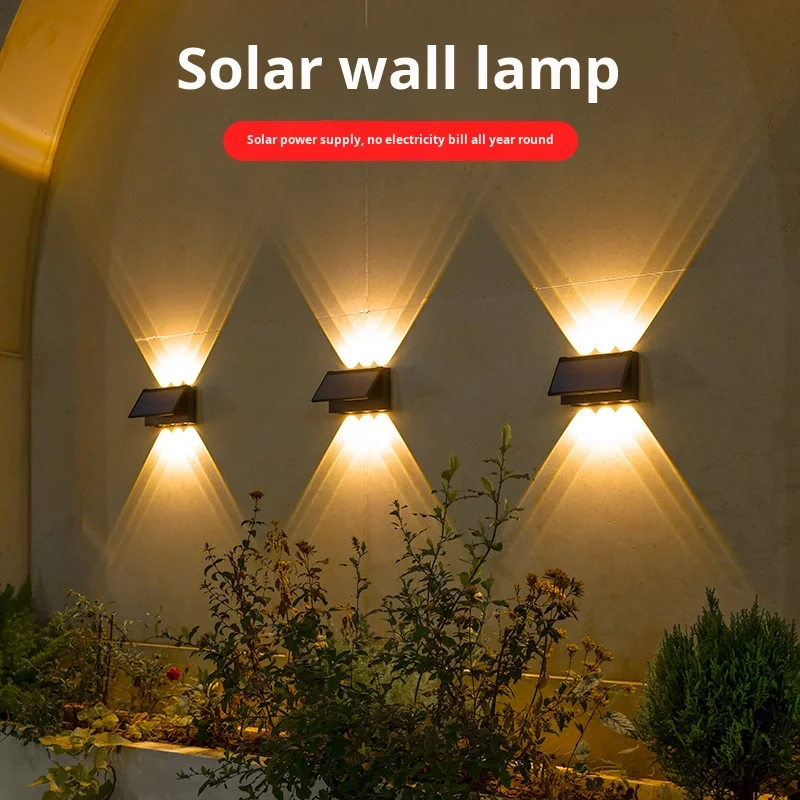 Luce da giardino solare a 6 LED impermeabile, lampada da parete esterna con base in acciaio inox e alluminio, luce da parete verso l'alto/in basso, colore nero