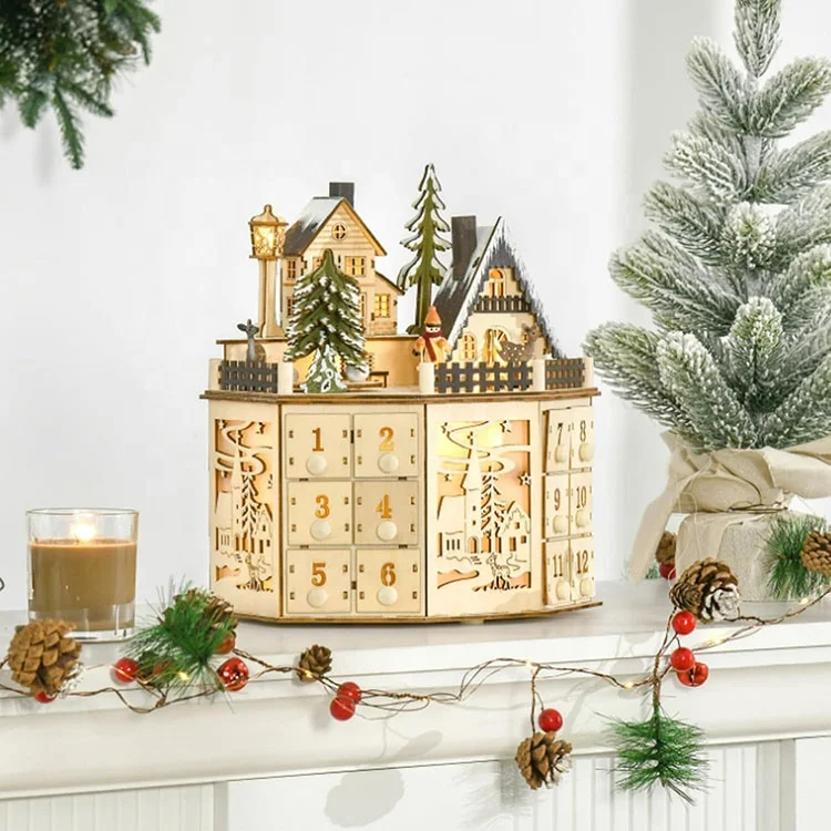 24の引き出しLEDクリスマスライトとRoを備えた伝統的な木製アドベント