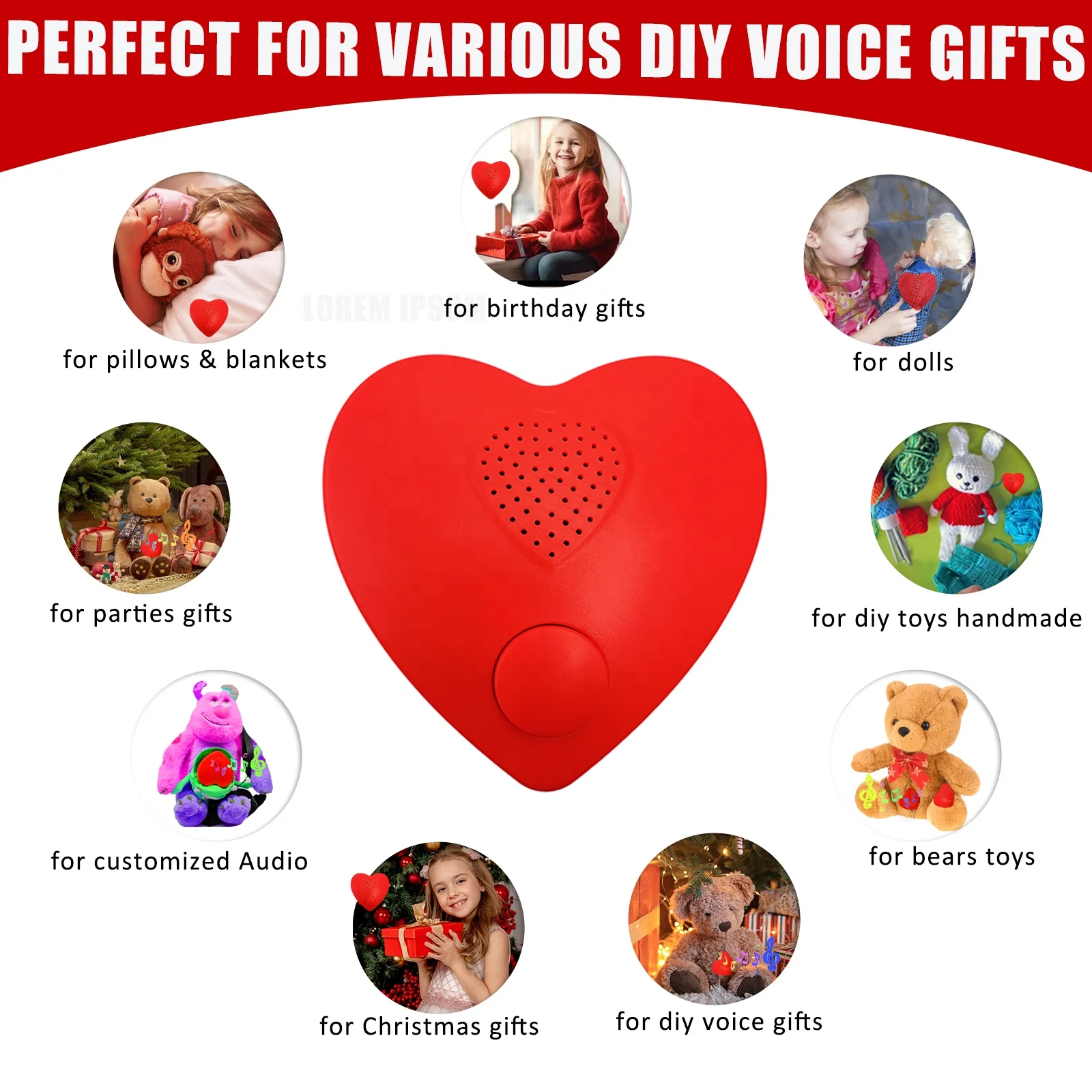 350s Heart-Shaped Real-Time Recording Module Customizable Music Sound Box Speaker DIY Voice Recorder for Stuffed Animals Gift