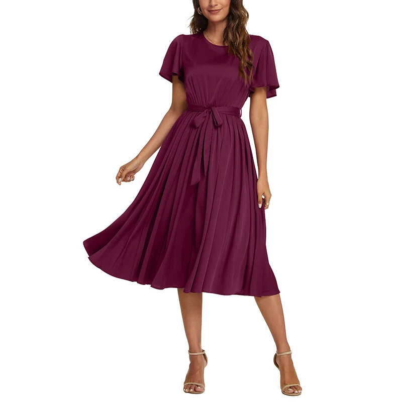 Spring Summer Fall Dress Ruffle Sleeves Pleated Dress Women's Short Sleeve Belted Elastic Waist Pleated Long Dresses
