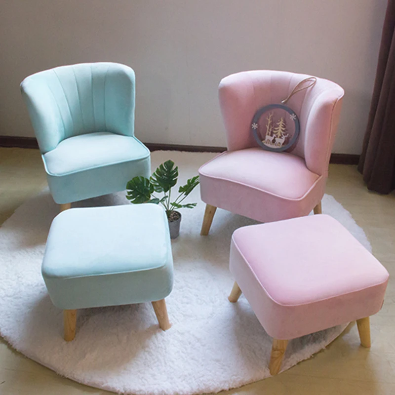 Kids Wooden Frame Lazy Armchair with Stool Set for Children Use in Living Room Bedroom Lovely Chair and Ottoman for Baby