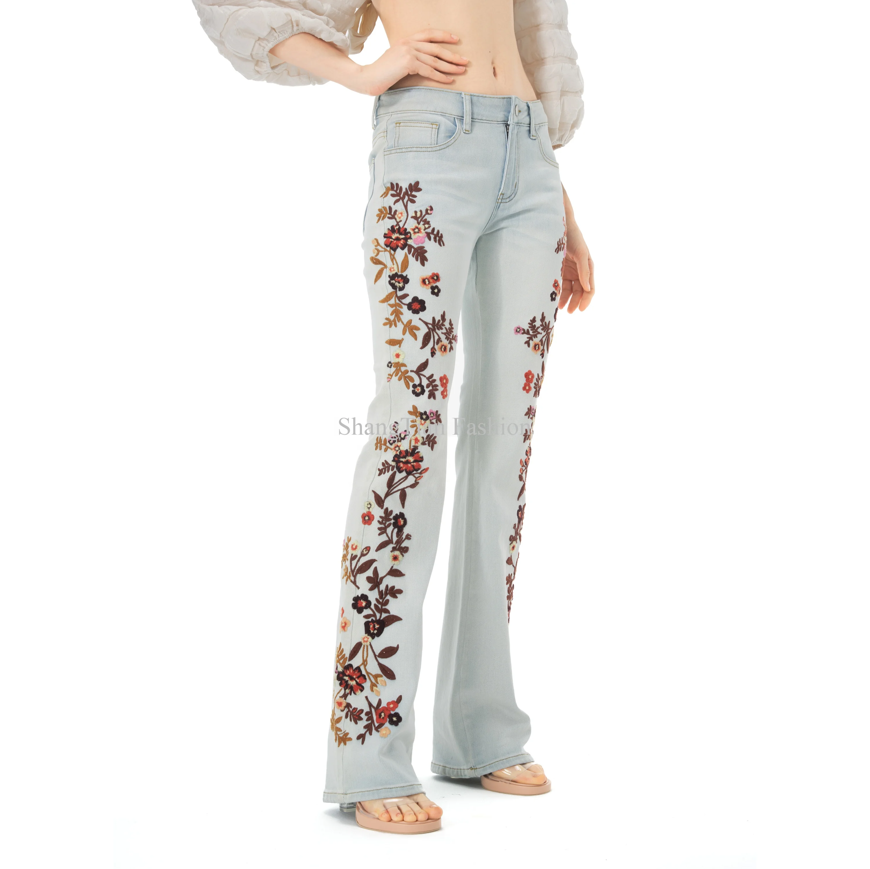 Shop Women's Flared Denim Pants with Embroidery Details