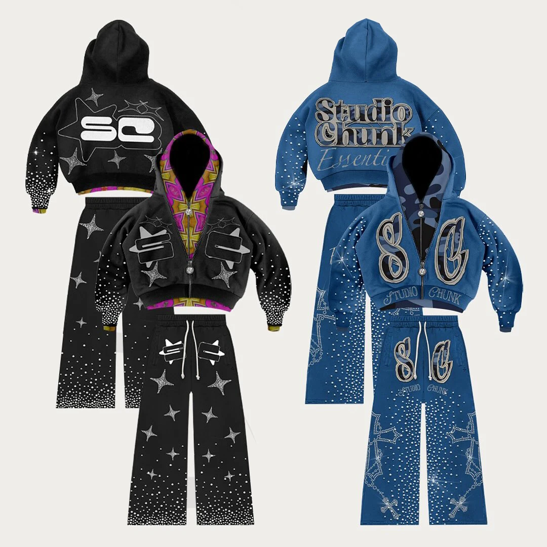 Customized Streetwear Baggy Hoodie and Stacked Double Waist Pants Set Acid Wash Tracksuits Rhinestone DTG Printed Sweatsuits gallery 4