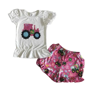 2022 Boutique Girls' Clothing Sets Rose Red Tractor Puff Sleeve Set