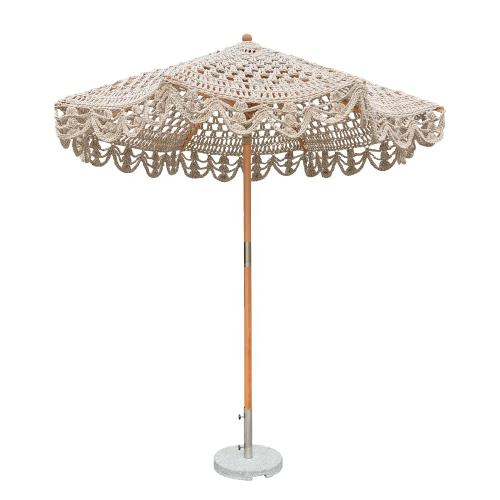 Ombrellone Da Spiaggia Bohémien Con Frange E Nappe – UPF 50+, Asta In Legno, Inclinabile, Con Borsa Da Trasporto