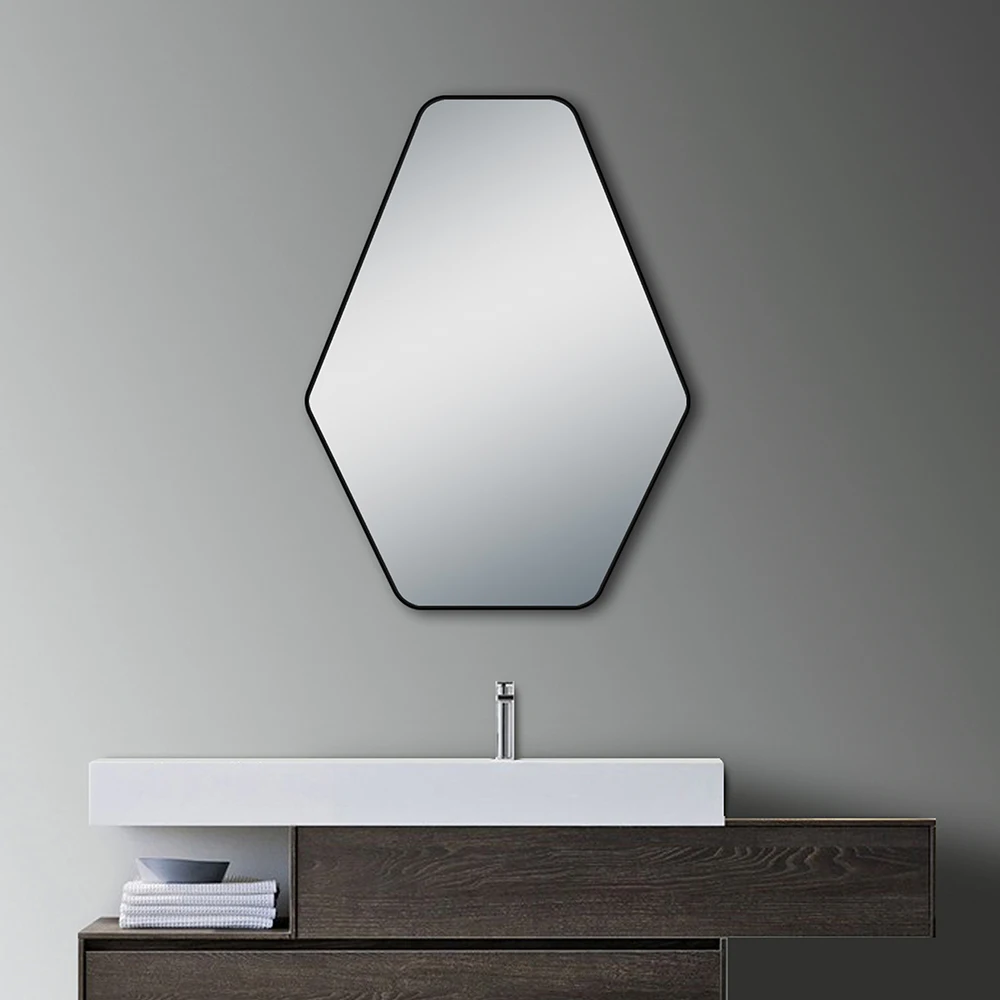 Verified Mirror Factory Custom Irregular Spiegel Modern Design Aluminum Frame Bathroom Hexagon LED Lighted Mirror With Magnifier