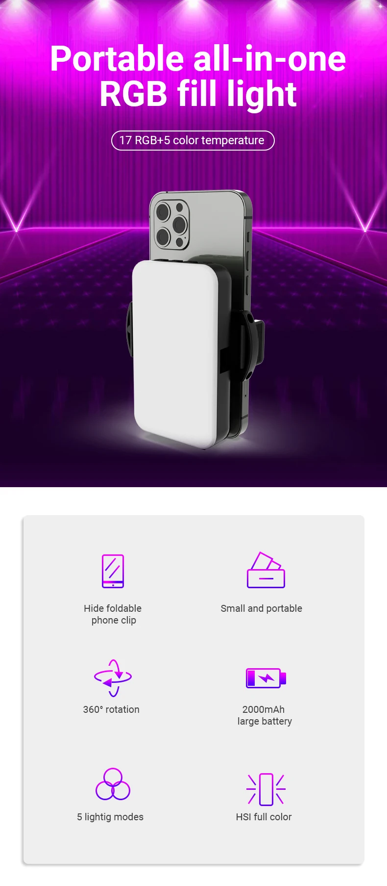 RGB LED Pocket Smartphone Fill Light Video Lamp with Phone Clip Portable for Selfie Makeup Live Show Photographic Lighting