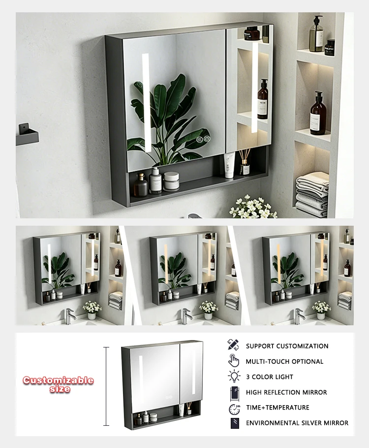 product cheap modern grey wall mounted bathroom cabinet water proof bathroom vanities medicine cabinet with mirror for hotel project-4