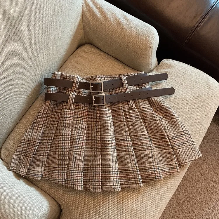 2023 Spring/summer Kid Girl Plaid Pleated Belt Skirt 3-15 Years