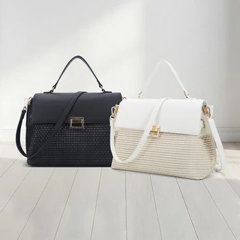 Women's Straw Luxury Casual Handbag Chain Small Size PU Leather Lining Zipper Portable Crossbody Shoulder Custom Logo