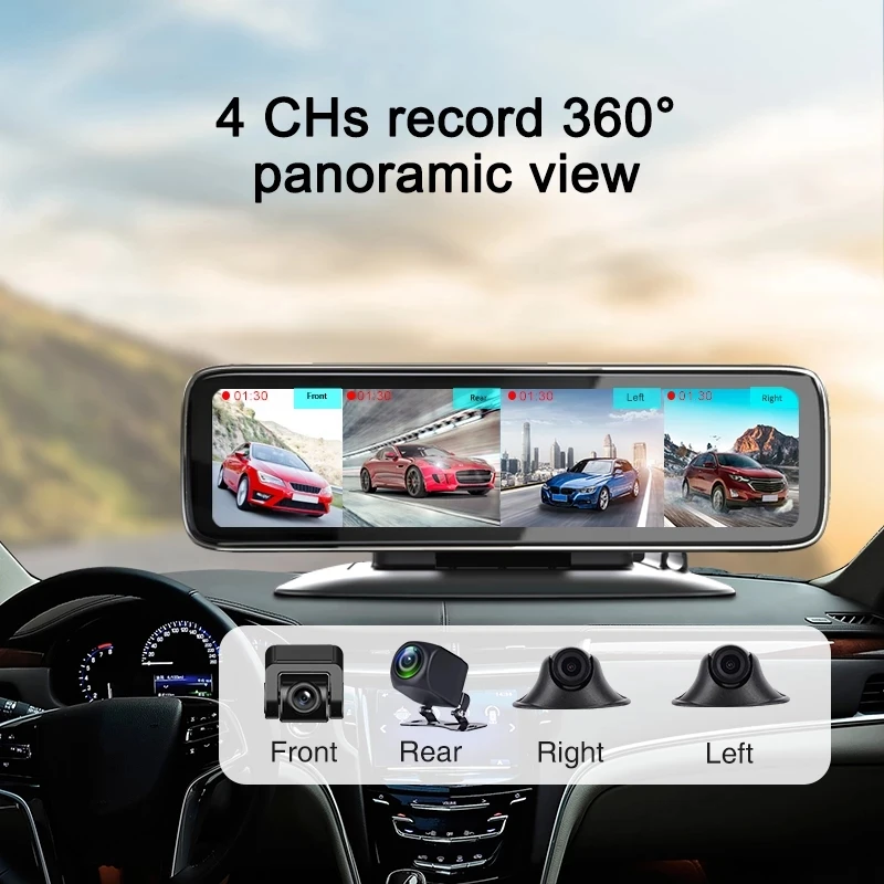 Câmera veicular espelhada Android 9.0 para carros 360° 4CHs