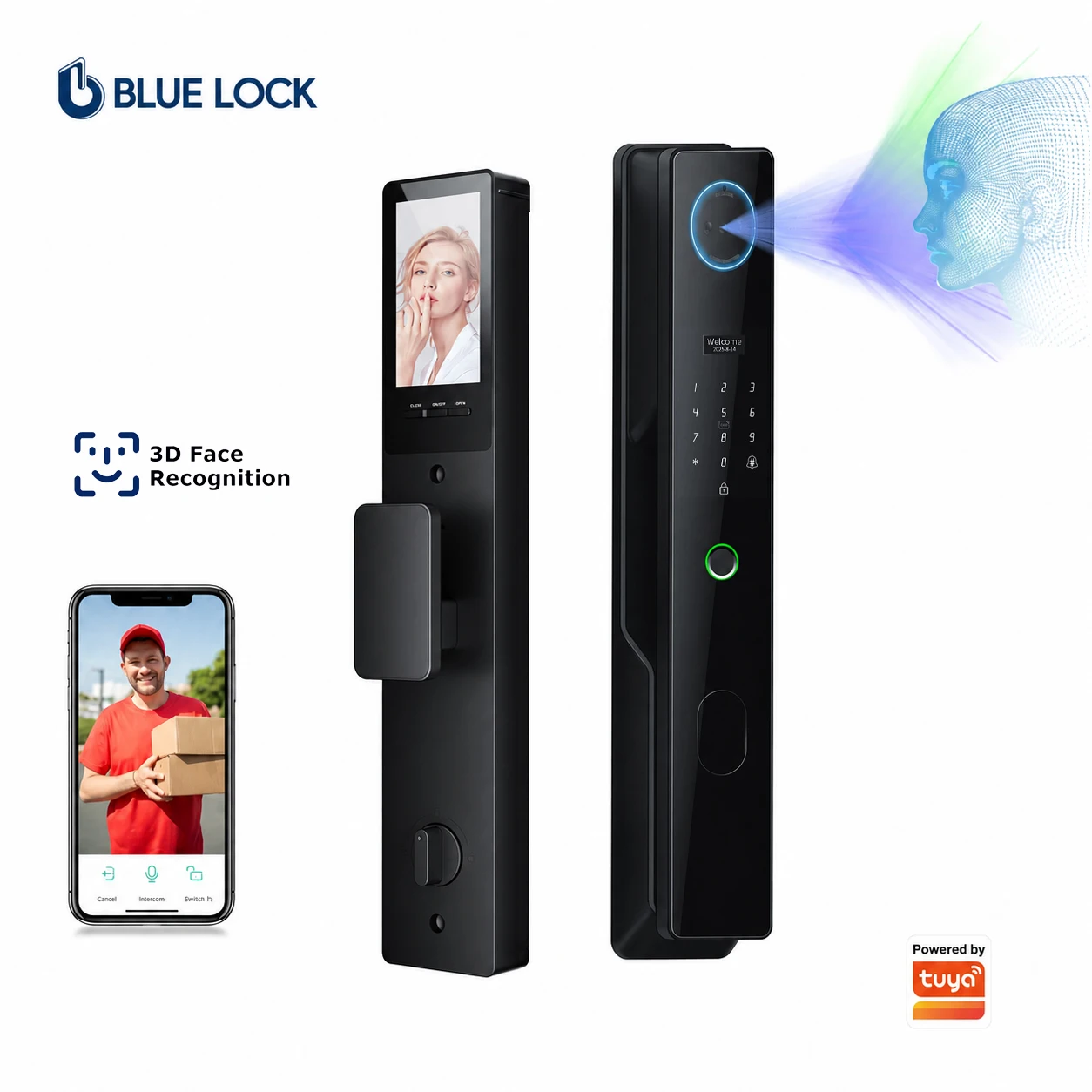 Bluelock Smart Home Tuya APP Wifi  3D Face Card Key Recognition Video Intercom Camera High Quality Smart Lock Door