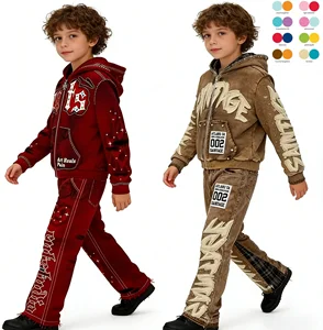 Heavy Weight Stacked Diamond Embroidery Zip up Streetwear Manufacturer  Sweatpants and Hoodie Boys Clothing Sets