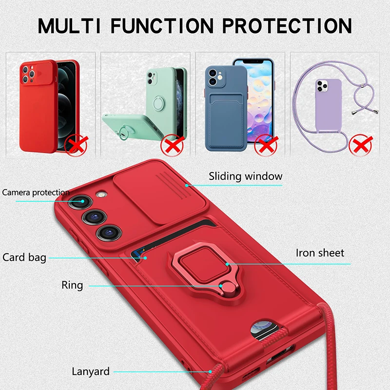 Multifunctional Magnetic Ring Holder for Samsung S24 Ultra Plus S22 Slide Camera Window Card Wallet Slot Cover Mobile Phone Case