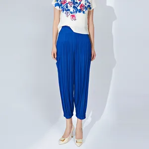Miyake Pleated Casual Pants for Women Elastic Waist Loose Fit Tapered Leg Pleated Nine-Point Harem Pants