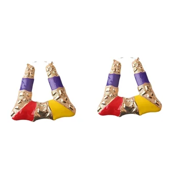 Wholesale Geometric Big Earrings Double-sided Enamel Rainbow Color Bamboo Hoop Earrings Women Gold Earrings with Strip epoxy