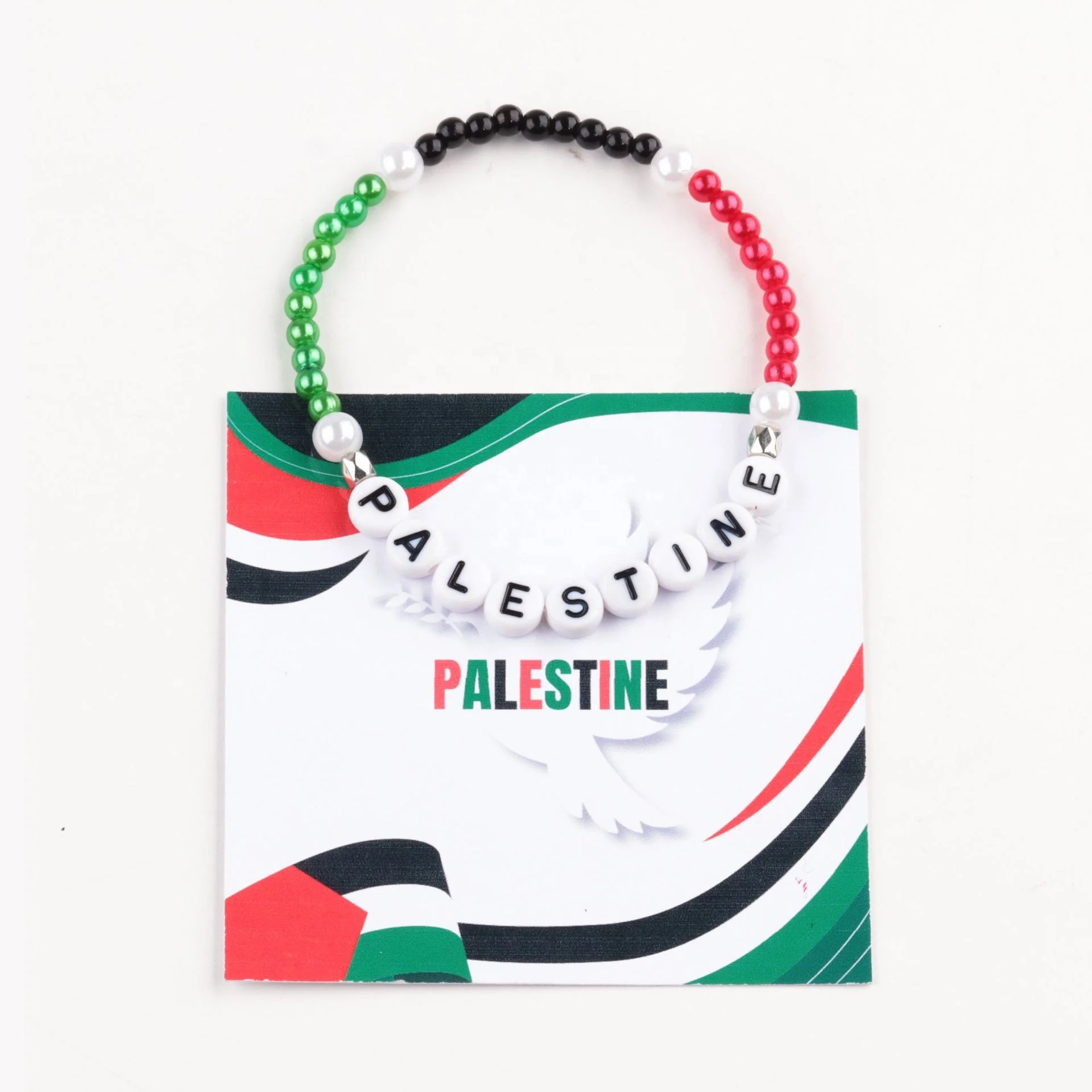 Uloveido Palestinian Flag Bracelet – Adjustable Beaded Stretch Wristband With PEACE Charm, Solidarity Gift
