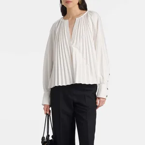 Clothing Manufacturers Custom Spring Summer Autumn Long Sleeve V Neck Pleated Cotton Poplin Blouse
