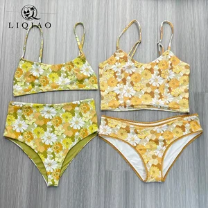 Yellow-Green Daisy 2-Piece High Waist Bikini Set-Floral Print Summer Beachwear with Custom Logo and Knitting
