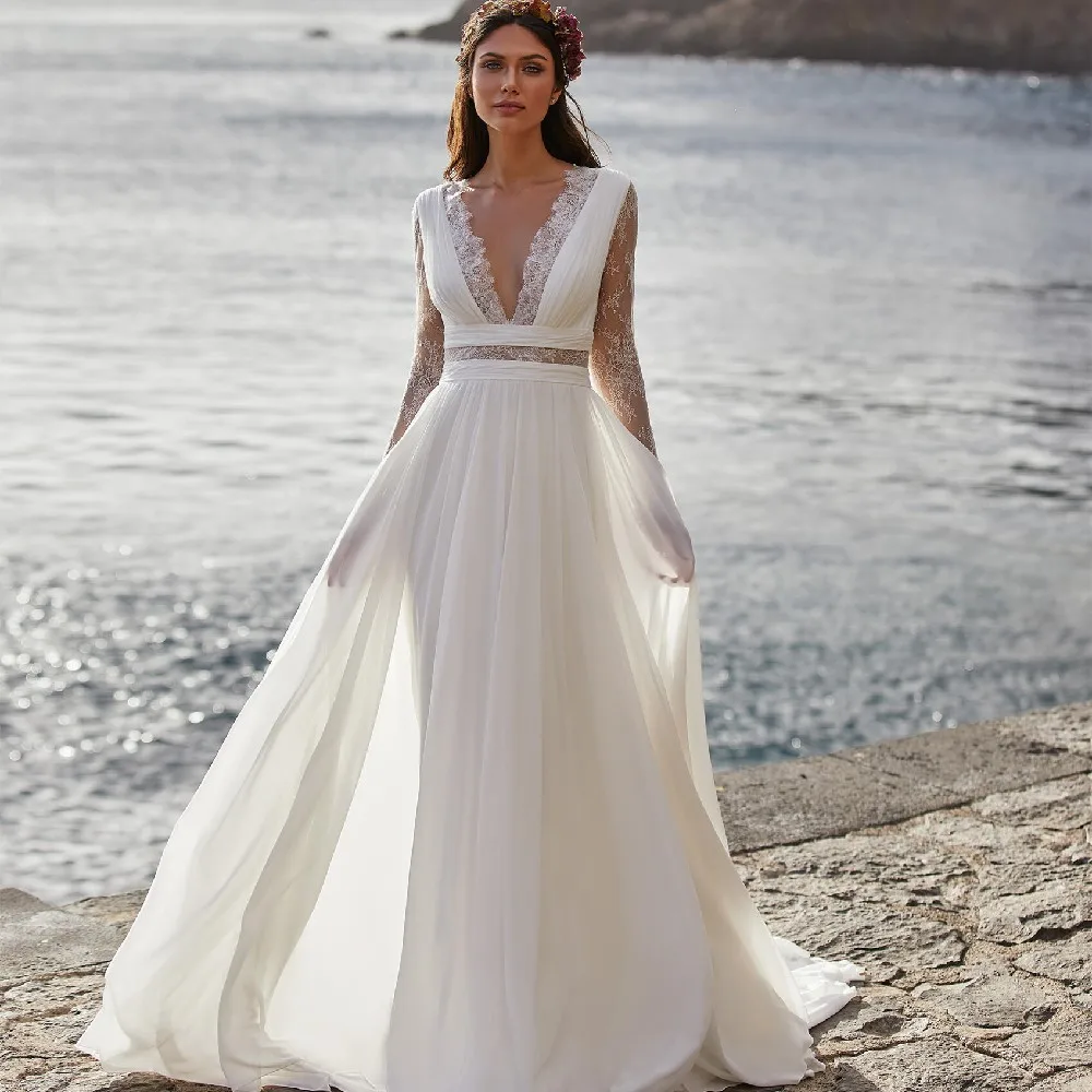 Vestido De Novia Personalizado,De Manga Larga,Espalda  Descubierta,Ajustado,Corte En A,Con Cuello En V,Talla Grande - Buy  Personalización Boda Vestido,Manga Larga Sin Respaldo Slim,Falda De  Comercio Exterior De Cuello En V Plus Tamaño Product