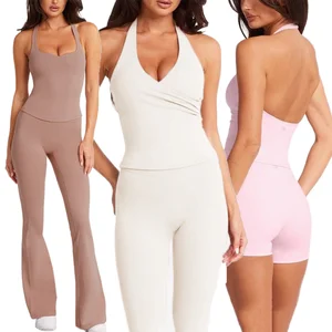 Women's Lightweight Gym Yoga Sports Set 5 Piece Hot Sale New Color Naked Feeling Workout Suits Front Waist Logo Solid