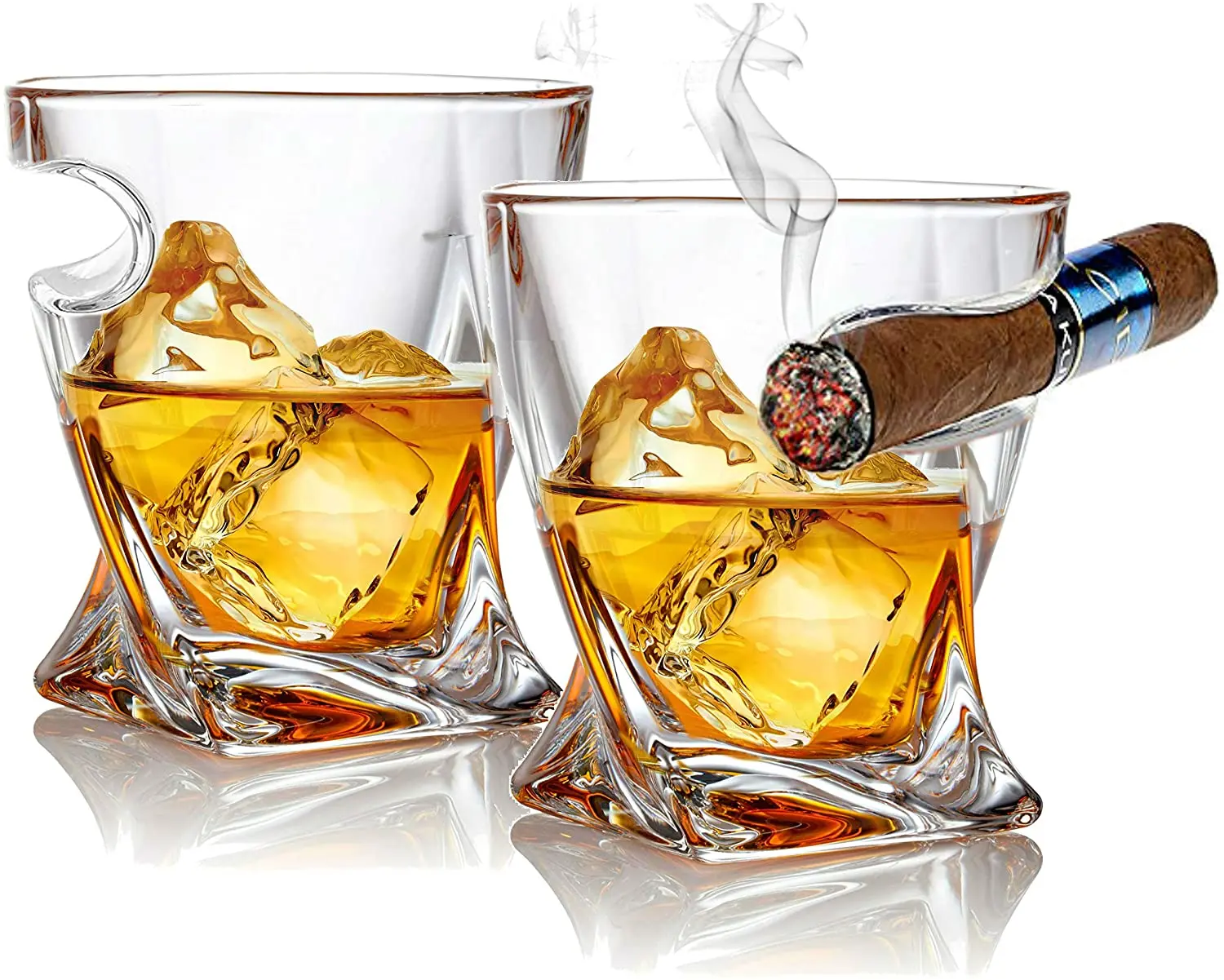 Cigar on glass of whiskey with ice cubes print by Editors Choice