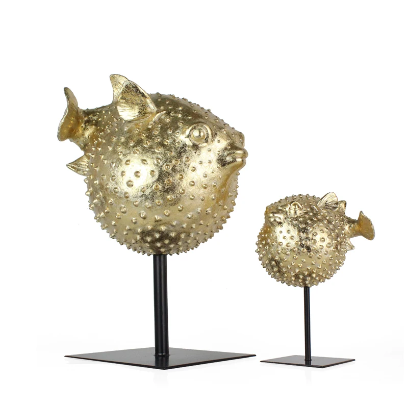 Wholesales Artifical Ocean Resin Decorative Gold Puffer Fish  Animal Sculpture For Home Decor