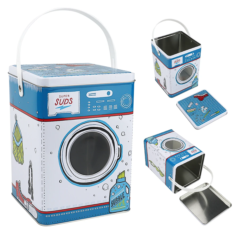 Customized Washing Machine Design Shape Square Tin Laundry Powder Container Boxes Metal Can With Handle