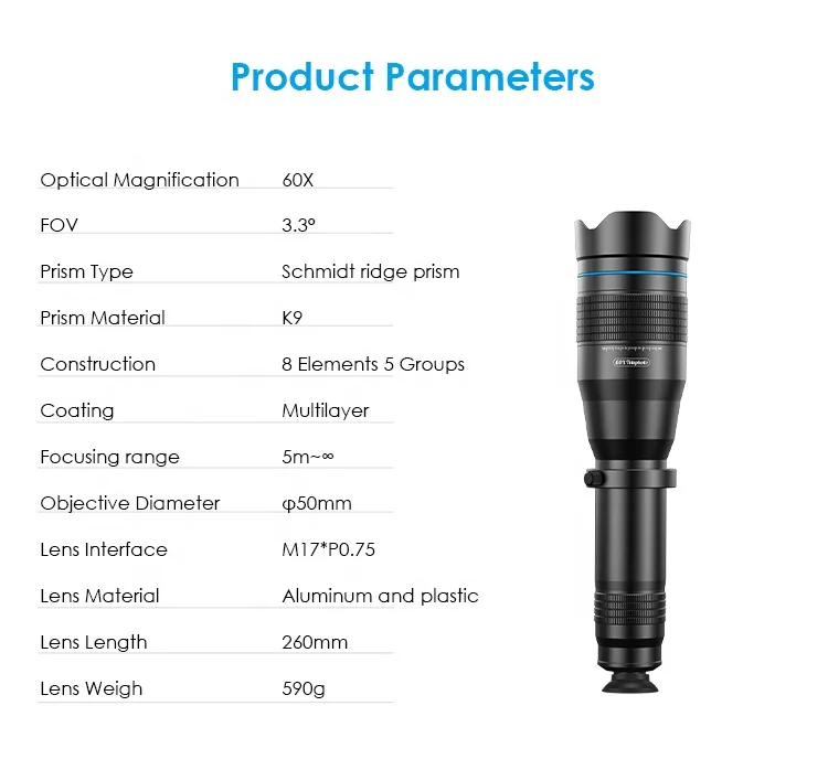 OEM 60x Mobile Phone Monocular Telescope Lens Astronomical Zoom Lens Extendable Tripod for Smart Phone