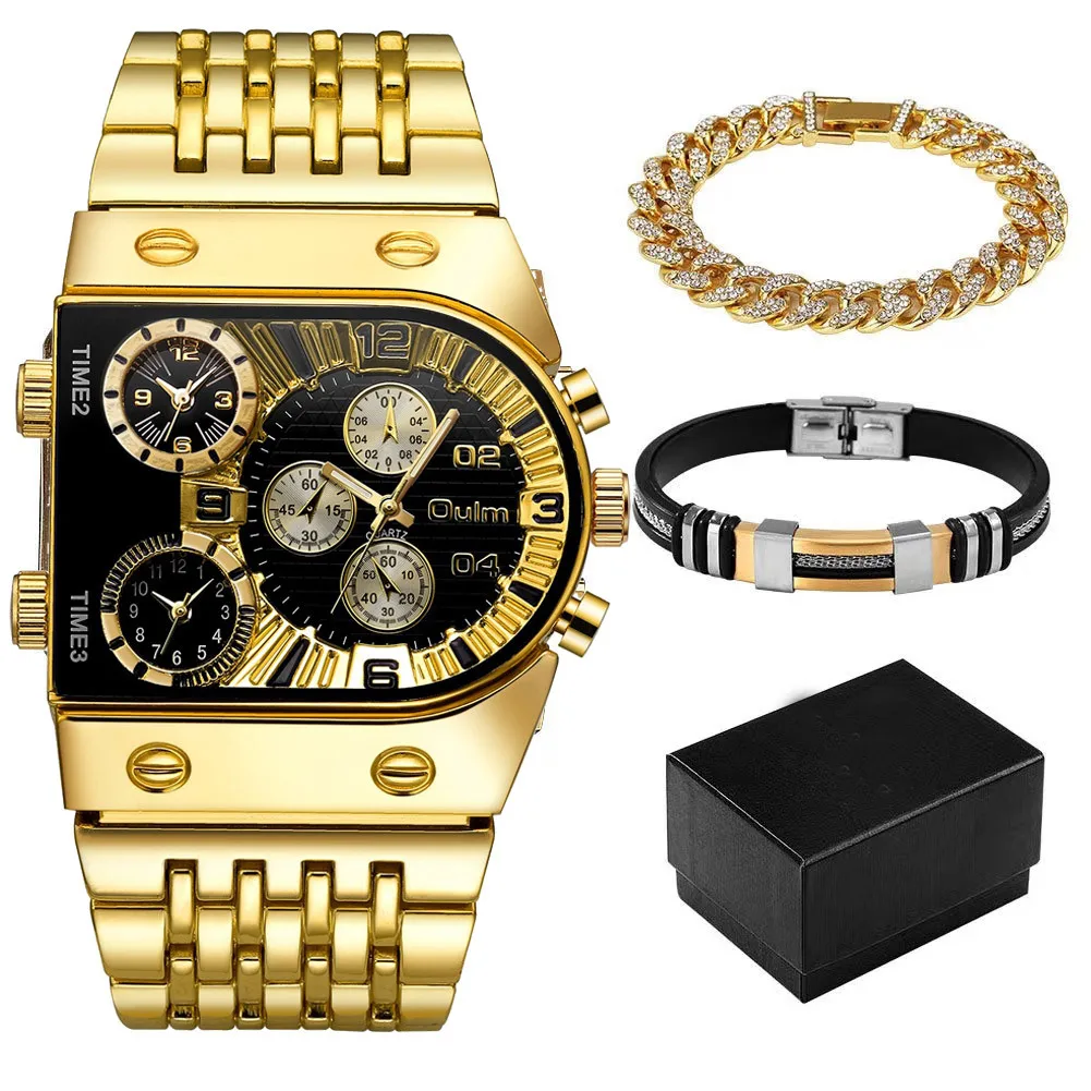 Oulm Multi Time Zone Large Dial Fashion Wristwatch Luminous Mens Watches Luxury Stainless Steel Bracelet Men Quartz Watch Set