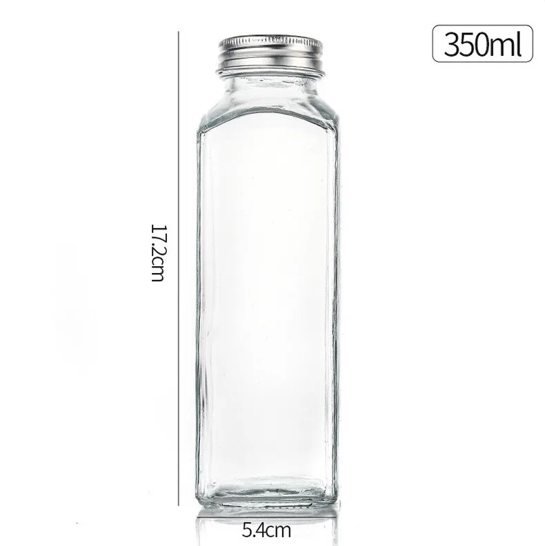 12 Oz Clear French Square Beverage Glass Bottle with Airtight Screw Cap