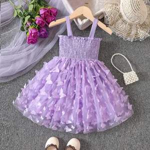 Girls' Summer Casual O-Neck Dress Lace Decoration Solid Strap Mesh Butterfly Design ODM Children's Age Group Dress for Girls