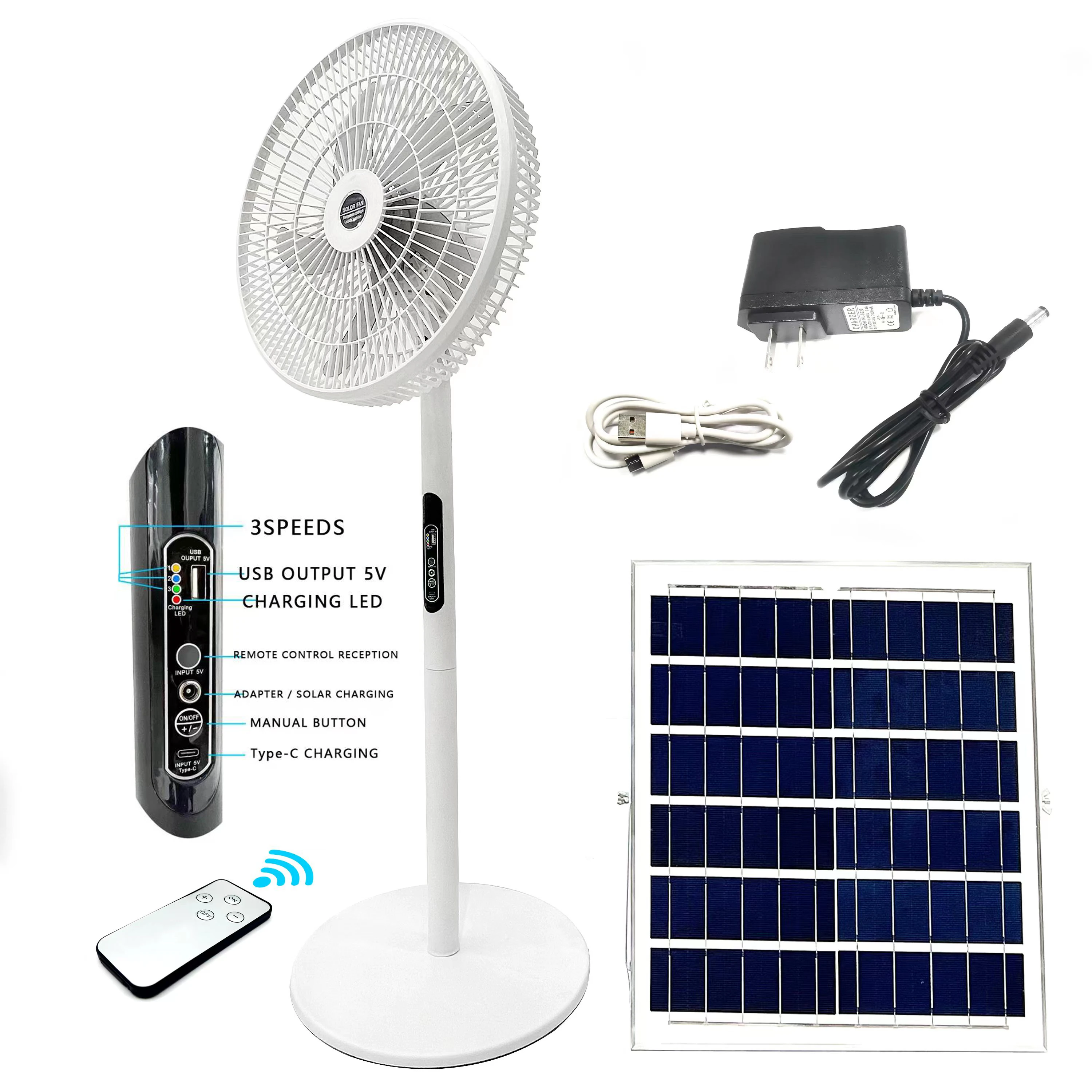 Rechargeable Fan Solar Charging With Solar Panel 12 Inch 16 Inch Large Capacity Lithium Battery 6818