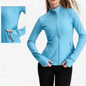 Thumb Holes Activewear Outfit Female Yoga Jacket Gym Fitnesss with Pockets Pilates Full Zipper Sky Blue Stand Neck Long Sleeve