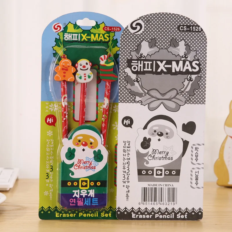 Custom Logo Printed Christmas Gift Eraser Kids School Stationery Pencil Set