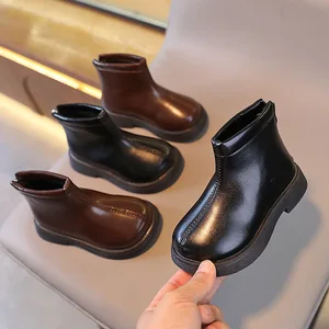 Pu Leather Children Booty Short Wholesale Rubber Sole Winter Kids Safety Footwear Fashion New Design Black Girls Ankle Boots