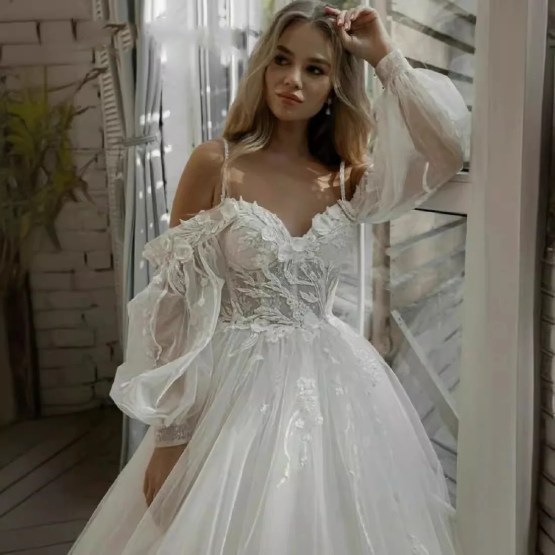 S2050L French Lace V-Neck A-Line Wedding Dress with Chapel Train, Beading & Lace ODM| Min order 1 ct S2050L French Lace V-Neck A-Line Wedding Dress with Chapel Train, Beading & Lace ODM| Min order 1 ct