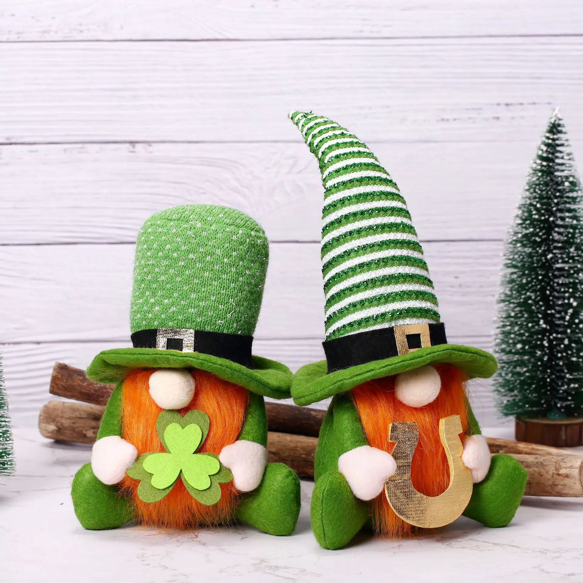 CustomPlushMaker: St. Patrick's Day Cotton Props - No Face Shamrock Knit Hat Couple Plush Toy Wholesale:sample