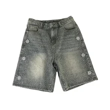 Hip Hop Rhinestone Gem Denim Shorts Men's Knee Length Denim Shorts Vintage Washed Olive Astro Baggy Jorts