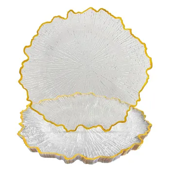 Wholesale Elegant Acrylic Plastic Charger Clear Plates Under Plates Wedding 13 Inch Textured Gold Rim Reef Charger Dish Plate