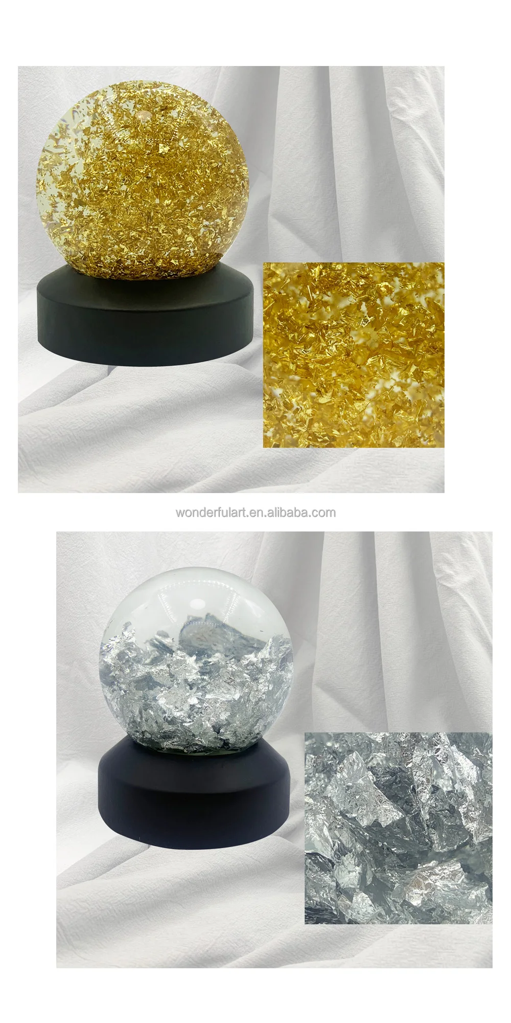 Handmade 80mm 100mm Diameter Water Globe Silver Foil Gold Leaf Crystal Ball Resin Base Snow Globe for Home Decoration Gift
