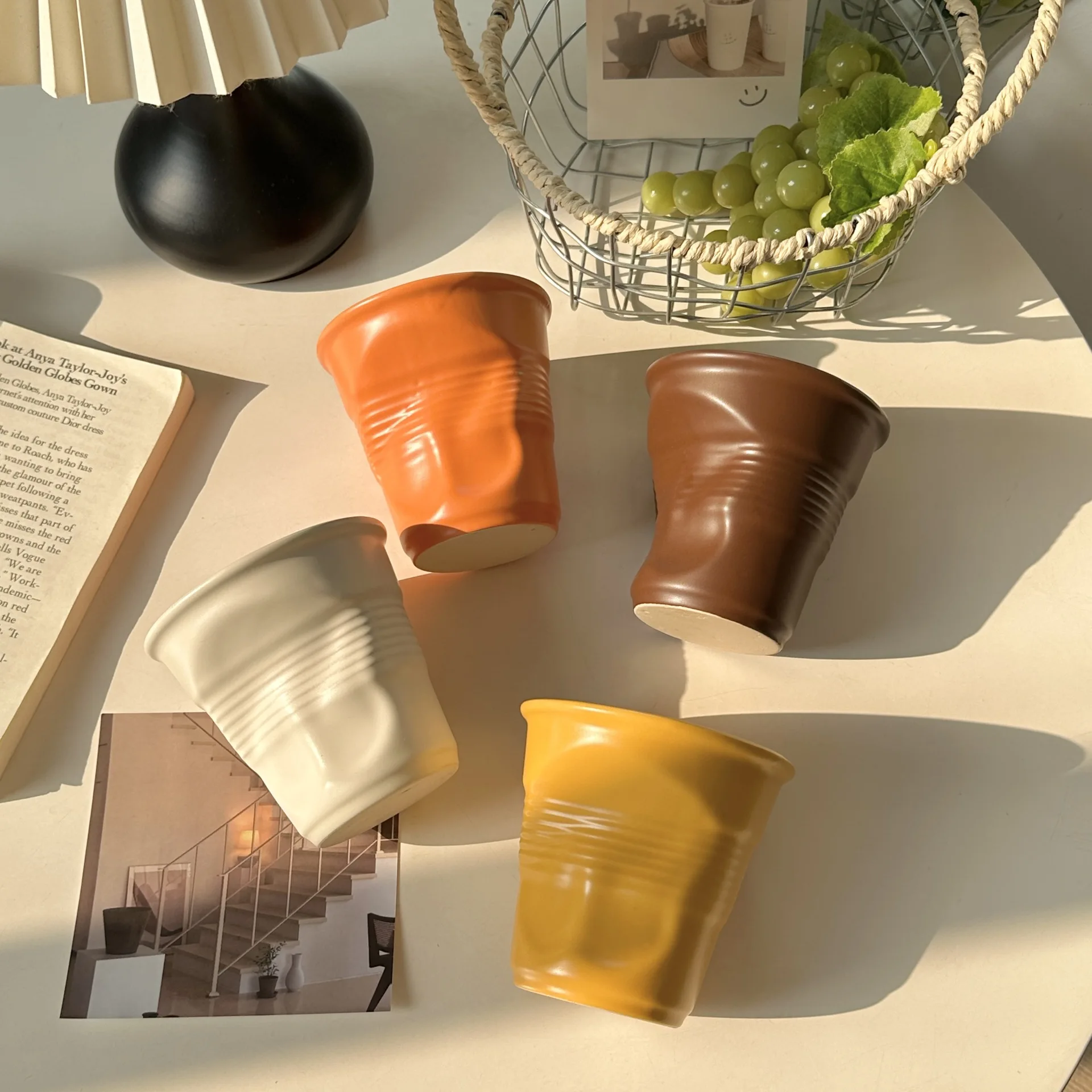 200ml 400ml Irregular Ceramic Coffee Cup Unique Wrinkle Ceramic Mug No Handle
