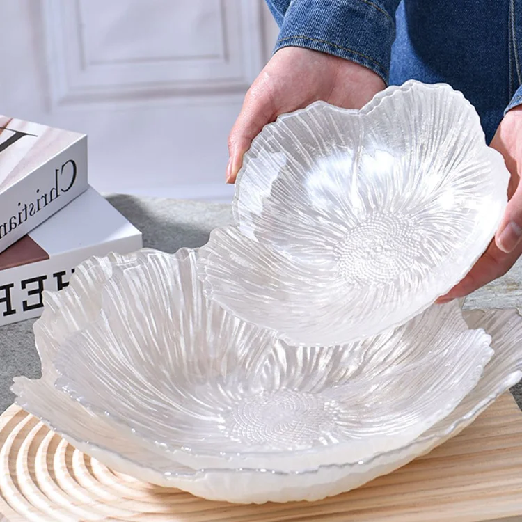 Pearl White Glass Plate Big Size Kitchenware Pearlescent Snack Creative Candy Fruit Plate Flower Crystal Plate