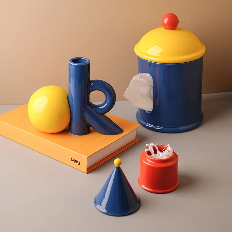 Color Block Ceramic Tissue Holder Glossy Finish Cute Modern Home Decor Bathroom Bedroom Living Room Desk Storage Organizer