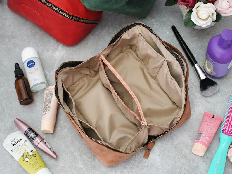 Lot De 3 Trousses De Toilette Fait Main - Vert Forêt Et Bleu - Pochette De Voyage Avec étui à Brosse à Dents